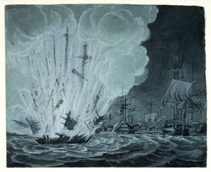 Schiff explodiert in der Schlacht am Nil von Robert Cleveley
