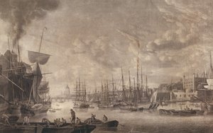 Blick auf die London Bridge von einem in der Nähe des Tower of London verankerten Boot, 1793