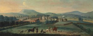 Ansicht der Ruinen von Westby Hall, Yorkshire, mit einer Jagdgesellschaft im Vordergrund