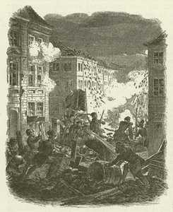 Kämpfe an einer Barrikade vor dem Kolln Rathaus in Berlin in der Nacht vom 18. auf den 19. März 1848 von Robert Kretschmer