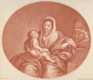 Die Jungfrau sitzt mit dem schlafenden Christuskind auf ihrem Schoß, rechts die Heilige Elisabeth