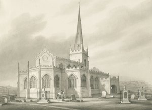 Wednesbury - St. Bartholomäus Kirche: Sepia-Waschzeichnung, undatiert [1827] von Robert Noyes
