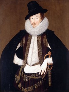 Porträt von Sir Charles Cornwallis in einem schwarz besetzten Mantel, weißem Wams und brauner, goldbestickter Weste von Robert Peake