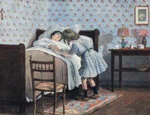 Ein kleines Mädchen am Bett ihrer kranken Mutter wartet auf ihren Krieg. Illustration von Robert Salles (1871-1929) in „Je sais Lire“ von Robert Salles