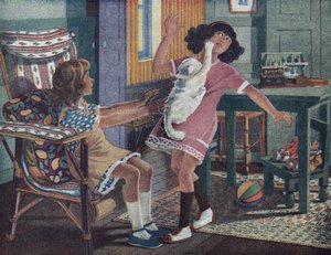 Annettes kleines Kätzchen: Eine weiße Katze kratzt das Gesicht eines kleinen Mädchens, das mit ihrer Freundin spielt. Illustration von Robert Salles (1871-1929) in „Ich kann lesen“.