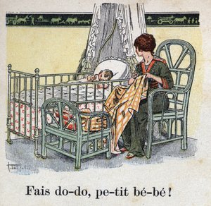 Kinderbuch „Ich werde lesen - Methodisches und lustiges Alphabet von einem Vater“ 1926. Illustration von Robert Salles (1871-1929). „Schlaf, Baby, schlaf!“. Eine Mutter näht im Zimmer ihres Kindes und wartet darauf, dass ihr Baby schläft. von Robert Salles