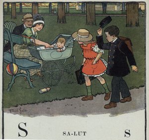 Kinderbuch „Ich werde lesen - Methodisches und lustiges Alphabet von einem Vater“ 1926. Illustration von Robert Salles (1871-1929). Abecedarium: Buchstabe S wie Salut. Ein Junge grüßt ein Paar und ihr Baby, indem er seine Mütze hebt.