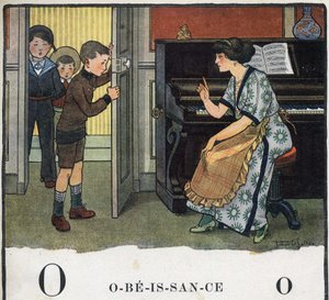 Kinderbuch „Ich werde lesen - Methodisches und lustiges Alphabet von einem Vater“ 1926. Illustration von Robert Salles (1871-1929). Abecedarium: Buchstabe O wie Gehorsam. Eine Mutter schimpft mit ihren Jungen.