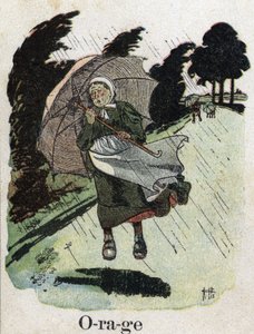 Kinderbuch „Ich werde lesen - Methodisches und lustiges Alphabet von einem Vater“ 1926. Illustration von Robert Salles (1871-1929). „Sturm“: Eine Frau im Regen schützt sich mit ihrem Regenschirm.