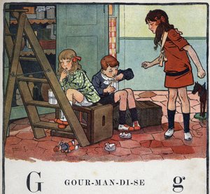 Kinderbuch „Ich werde lesen - Methodisches und lustiges Alphabet von einem Vater“ 1926. Illustration von Robert Salles (1871-1929). Abecedarium: Buchstabe G wie Nascherei. Mädchen und Jungen essen heimlich kandierte Früchte.