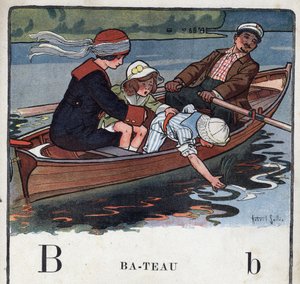 Kinderbuch „Ich werde lesen - Methodisches und lustiges Alphabet von einem Vater“ 1926. Illustration von Robert Salles (1871-1929). Abecedarium: Buchstabe B wie Boot. Eine Familie macht eine Bootsfahrt von Robert Salles