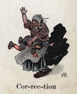 Kinderbuch „Ich werde lesen - Methodisches und lustiges Alphabet von einem Vater“ 1926. Illustration von Robert Salles (1871-1929). „Korrektur“. Bestrafung: Eine Mutter bestraft ihr Kind