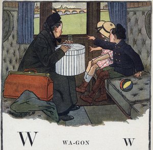 Kinderbuch „Ich werde lesen - Methodisches und lustiges Alphabet von einem Vater“ 1926. Illustration von Robert Salles (1871-1929). Abecedaire: Buchstabe W wie Wagen. Zwei Kinder reisen mit ihrer Mutter in einem Zugabteil