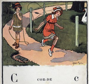 Kinderbuch „Ich werde lesen - Methodisches und lustiges Alphabet von einem Vater“ 1926. Illustration von Robert Salles (1871-1929). Abecedaire: Buchstabe C wie Seil. Zwei Mädchen spielen Seilspringen