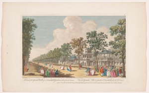 Ansicht einer Allee in den Vauxhall Gardens in London, vom Eingang aus gesehen