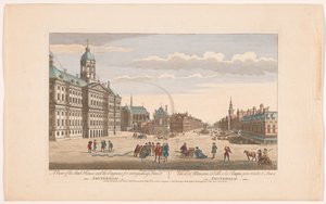 Ansicht des Rathauses in Amsterdam mit Feuerwehrleuten auf dem Dam (Serie: Holland)
