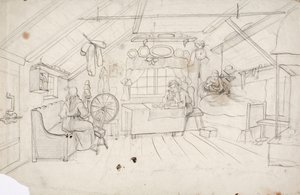 Interieur mit drei Personen: eine im Bett Kaffee trinkend, eine am Tisch Brei essend und eine bei der Spinnerei. von Robert Wilhelm Ekman