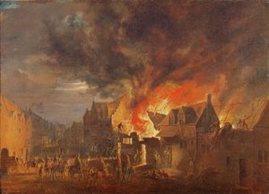 Brüssel in Flammen, mit dem Gouverneur Erzherzog Leopold Wilhelm, der zusieht von Robert van den Hoecke