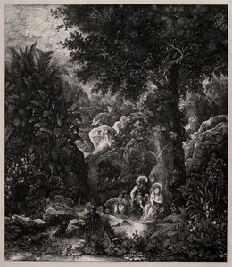 Ruhe auf der Flucht nach Ägypten mit gesatteltem Esel von Rodolphe Bresdin