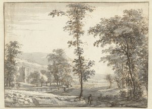 Waldlandschaft mit einem Reisenden auf einem Pfad