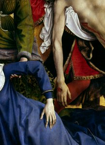 Kreuzabnahme. Detail der Hand der Jungfrau und der Hand Christi. Rogier-Altar (Detail)