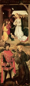 Triptychon von Golgatha (linkes Panel, die Geburt Christi im oberen Abschnitt, Heiliger Franz von Assisi und möglicherweise Heiliger Julian der Gastfreundliche im unteren Abschnitt)