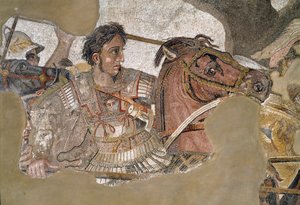 Alexander der Große (356 - 323 v. Chr.) auf seinem Pferd Bucephale. Mosaik aus dem Haus des Fauns, Pompeji