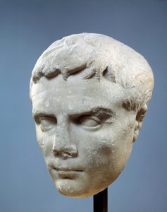Kunst des antiken Rom: Gesicht des Augustus (Octavian, 63 v. Chr.-14 n. Chr.). Der erste römische Kaiser. Skulptur gefunden in Kos, zwischen 27 und 20 v. Chr. Paris, Louvre
