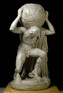 Atlas Farnese Atlas trägt den Himmelsglobus, symbolisiert astronomisches Wissen der Zeit. Römische Marmorskulptur nach einem griechischen Original. 2. Jahrhundert. Dim. 191 cm Museo Archeologico Nazionale, Neapel
