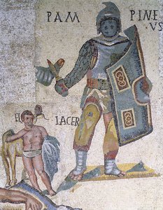 Kampf zwischen Gladiatoren, Detail eines Gladiators mit Dolch und Schild, 320 n. Chr. (Mosaik)