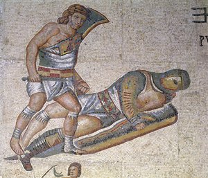 Kampf zwischen Gladiatoren, Detail eines Gladiators, der einen anderen zu Boden drückt, 320 n. Chr. (Mosaik) von Roman