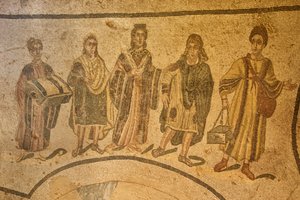 Eingang zu den Thermen, Bodenmosaik, Villa Romana del Casale, Piazza Armerina, Sizilien, Italien (Foto)