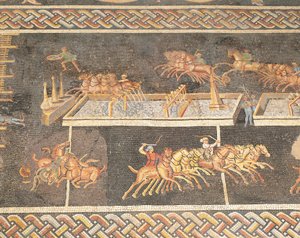 Frankreich, Lyon, Mosaikarbeit, die die Spiele des Zirkus darstellt, Quadriga-Rennen von Roman