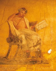 Fresko auf gelbem Hintergrund, das den griechischen Dichter Menander darstellt, aus dem Haus des Menander, Pompeji, Kampanien, römische Zivilisation