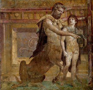 Griechische Mythologie: der Zentaur Chiron und das Kind Achilles. Fresko aus der Basilika von Herculaneum (Basilica di Ercolano). Römische Kunst, Neapel, Museo Archeologico Nazionale von Roman