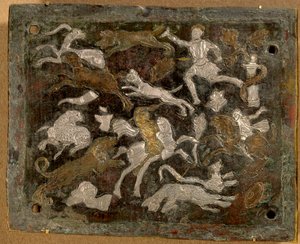 Einlegeplatte: Bronzejagdszenen und Silber- und Kupfereinlagen, hergestellt 350-400 n. Chr., antikes Rom. aus Italien. Römisches Reich. Paris, Musée du Louvre