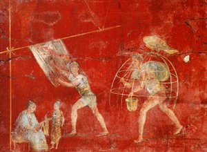Säulenfresko, das die Wollherstellung darstellt, aus Pompeji, Fullonica von Veranio Ipseo