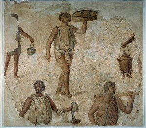 Vorbereitungen für ein dionysisches Fest: Sklave serviert ein Mosaikmahl aus Karthago. 2. Jahrhundert n. Chr. Paris, Louvre