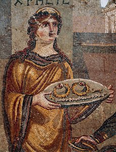 Gefangene Chresis übergibt ihrem Entführer Agamemnon die Schlüssel ihres Lösegeldes, Detail aus dem Mosaik von Chresis in Daphne, Antiochia, Türkei