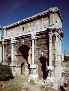 Römische Kunst: Triumphbogen des römischen Kaisers Septimius Severus (Lucius Septimius Severus) (146-211) realisiert im Jahr 203 n. Chr., Römisches Forum, Rom