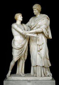 Römische Kunst: „Orestes und Elektra“ Marmorskulptur des 1. Jahrhunderts n. Chr. Aus der Ludovisi-Sammlung, Höhe 192 cm - Rom, Museo Nazionale Romano (o delle Terme) Italien - Orestes und Elektra - Marmorskulptur (Höhe 210 cm), Römische Kaiserzeit (27 v. C