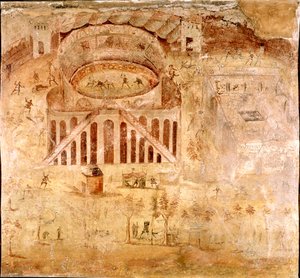 Römische Kunst: „Gewaltsamer Kampf zwischen den Bewohnern von Nocera und den Pompejanern im Amphitheater von Pompeji im Jahr 59 n. Chr.“ Detail eines Freskos. 1. Jahrhundert n. Chr. Vom Pompeji-Gelände. Neapel, Museo Archeologico Nazionale