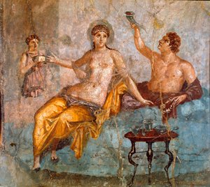 Römische Kunst: Bankettszene, ein junger Mann und eine Kurtisane. Römisches Fresko des 4. pompejanischen Stils von der Stätte Ercolano (Herculaneum) 60-80 n. Chr.