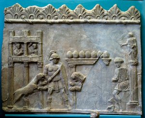 Römisches Reich: Venatio: Gladiatorenkampf gegen die Bestien. Skulptur von Roman
