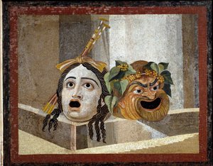 Römische Theatermasken - Römisches Mosaik, 2. Jh. n. Chr., aus den Bädern des Decius auf dem Aventin, Rom, Italien - Römische Kunst: Masken des römischen Theaters. Mosaik des 2. Jahrhunderts n. Chr. - Aus den Bädern des Decius auf dem Aventin, Rom - Musei 