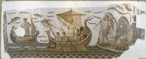 Römische Antike: „Odysseus auf seinem Boot widersteht dem Gesang der Sirenen“ (Mosaik, 250-270 n. Chr.) von Roman
