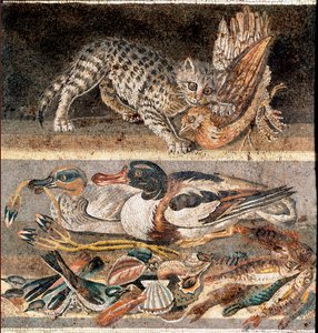 Römische Kunst: Katze frisst ein Rebhuhn und Wildenten Erste Hälfte des 1. Jahrhunderts v. Chr. Rom, Museo Nazionale Romano