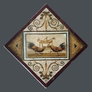 Römische Kunst: Hahnenkampf. Mosaik aus Pompeji. 4. Stil. Archäologisches Nationalmuseum, Neapel