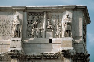 Römische Kunst: Reliefdarstellung der Verteilung von Subventionen und der Kapitulation eines barbarischen Anführers