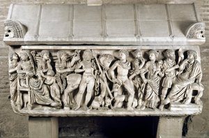 Römische Kunst: Sarkophag dekoriert mit einem Flachrelief, das die Legende von Phaedra und Hippolytus erzählt. 3. Jahrhundert n. Chr. Rom, Museo Nazionale Romano von Roman